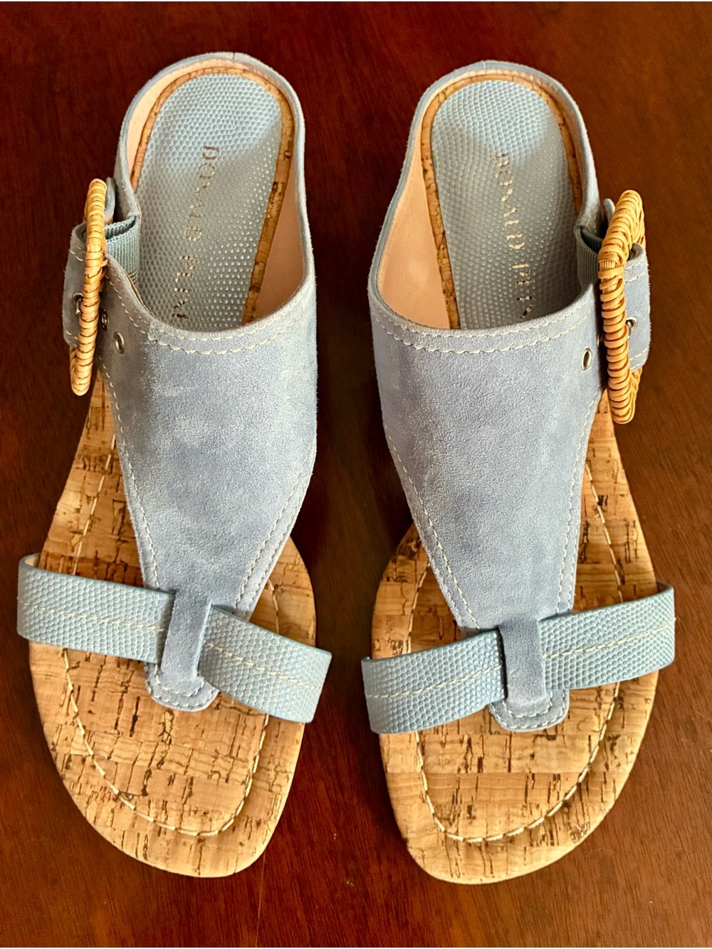 Donald Pliner Ofelia Blue Suede Cork Wedge Sandals Rattan Buckle Size 8